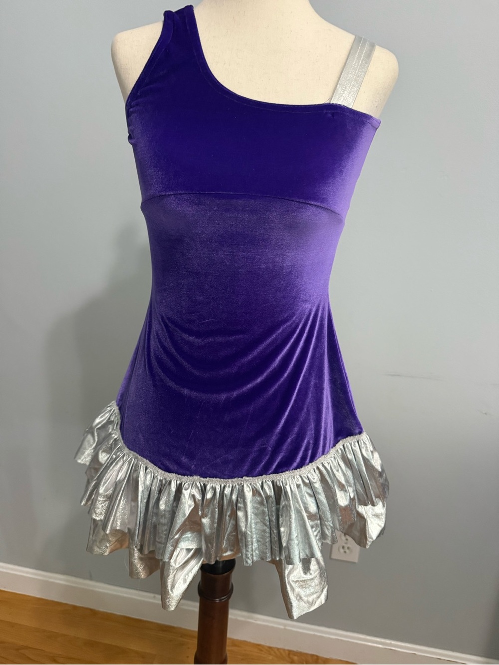 Purple Velvet One-Shoulder Dance Top with Silver Ruffle